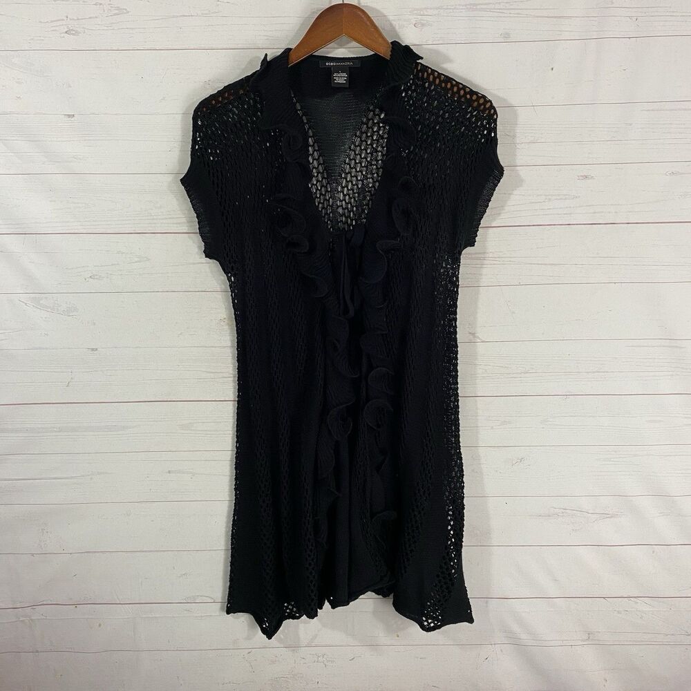 BCBGMaxazria Womens Tie Front Mid Length Cardigan Sz L Black Open Knit Ruffled